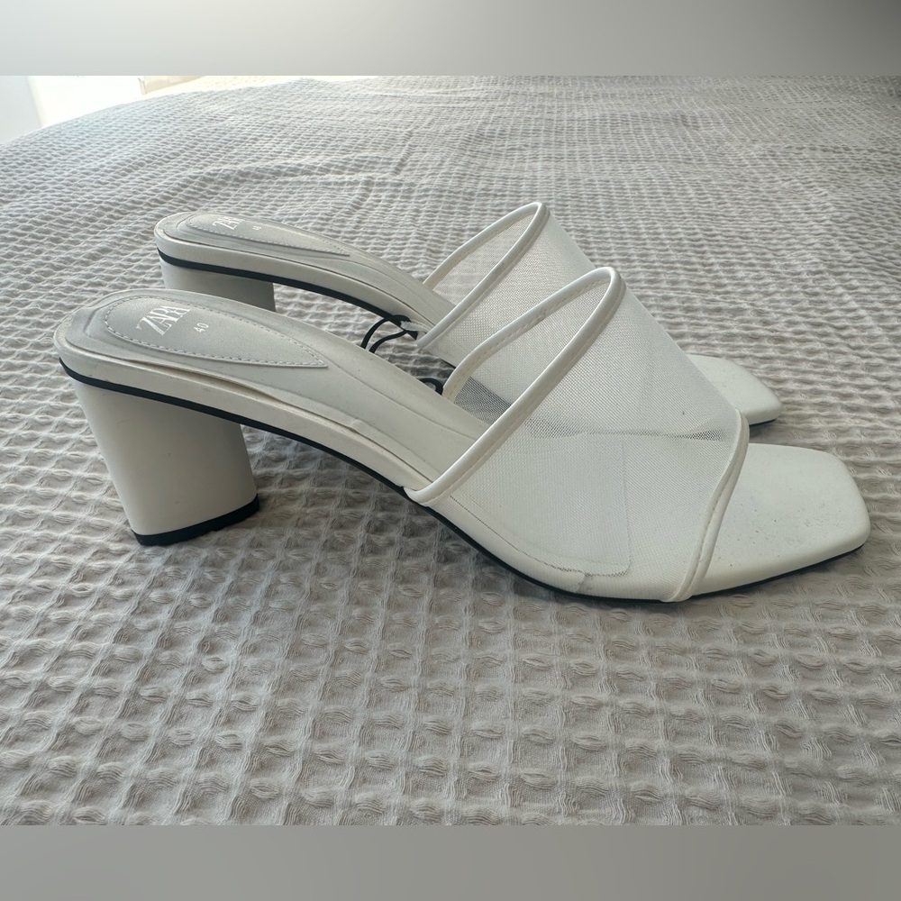 Zara White Mesh Block Heel Sandals